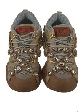 Gucci leather Tan Crystal-Embellished Sneakers